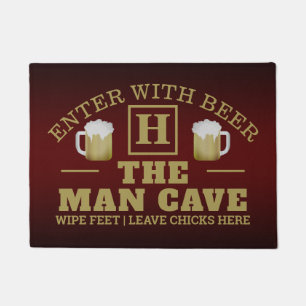Funny MAN CAVE with Monogram and Beer on BROWN Doormat