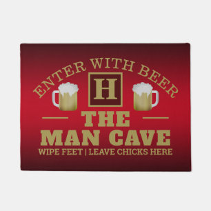 Funny MAN CAVE with Monogram and Beer on RED Doormat