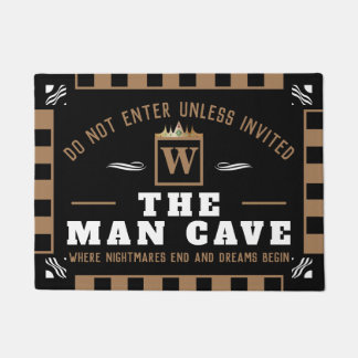 Funny MAN CAVE with Monogram | BLACK Welcome Doormat