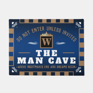 Funny MAN CAVE with Monogram   DEEP BLUE Welcome Doormat