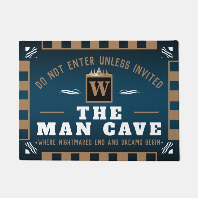 Funny MAN CAVE with Monogram | Ocean Blue Welcome Doormat (Front)