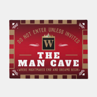 Funny MAN CAVE with Monogram | RED Welcome Doormat