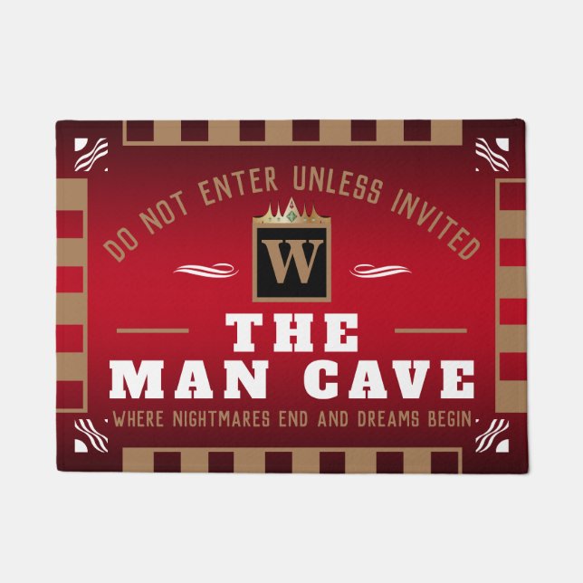 Funny MAN CAVE with Monogram | RED Welcome Doormat (Front)