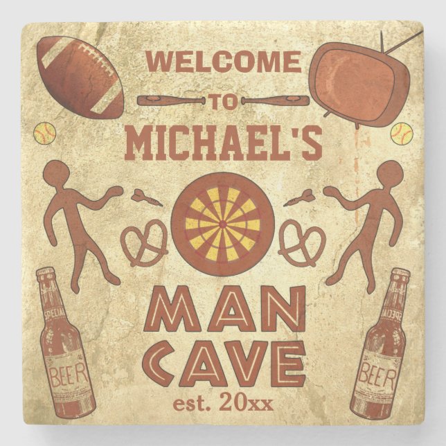 Funny Man Cave with Your Name Custom Stone Coaster (Front)