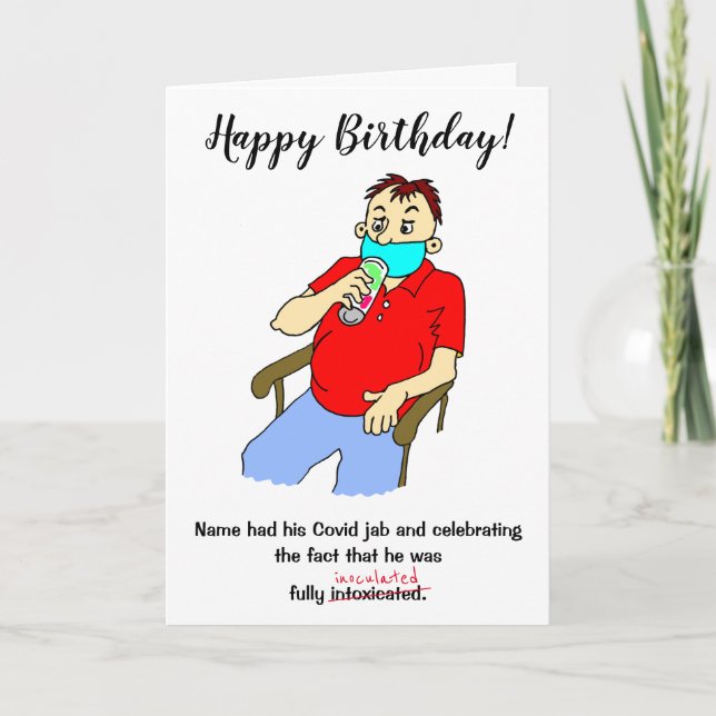 Funny Man Drinking Covid Jab Birthday Card (Front)