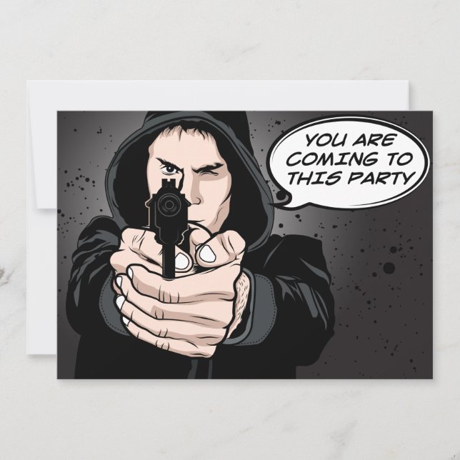 Funny Man Pointing Gun Cartoon Invitation (Front)
