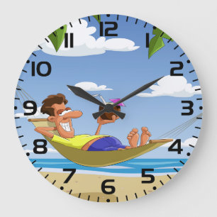 Funny Man Relaxing in Beach Hammock Large Clock