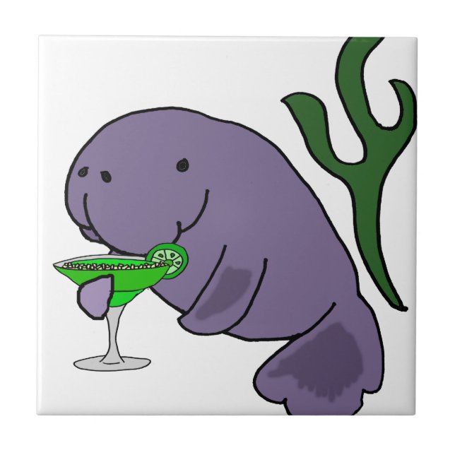 Funny Manatee Drinking Margarita Cartoon Ceramic Tile (Front)