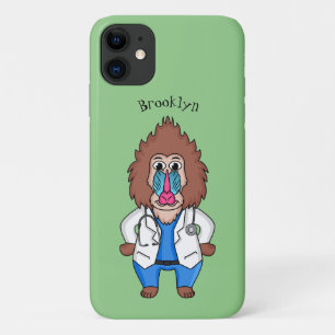 Funny mandrill doctor cartoon illustration iPhone 11 case