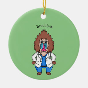 Funny mandrill doctor cartoon illustration ceramic ornament