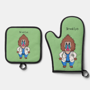 Funny mandrill doctor cartoon illustration oven mitt & pot holder set