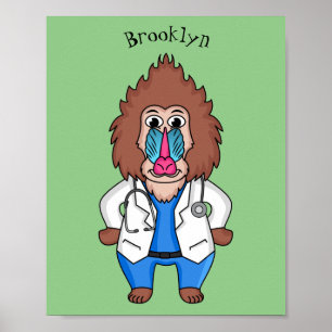 Funny mandrill doctor cartoon illustration poster