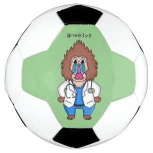 Funny mandrill doctor cartoon illustration soccer ball