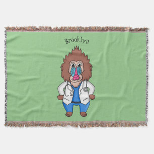 Funny mandrill doctor cartoon illustration throw blanket