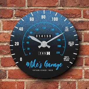Funny Manly Car Odometer Speedometer Blue Glitter Large Clock