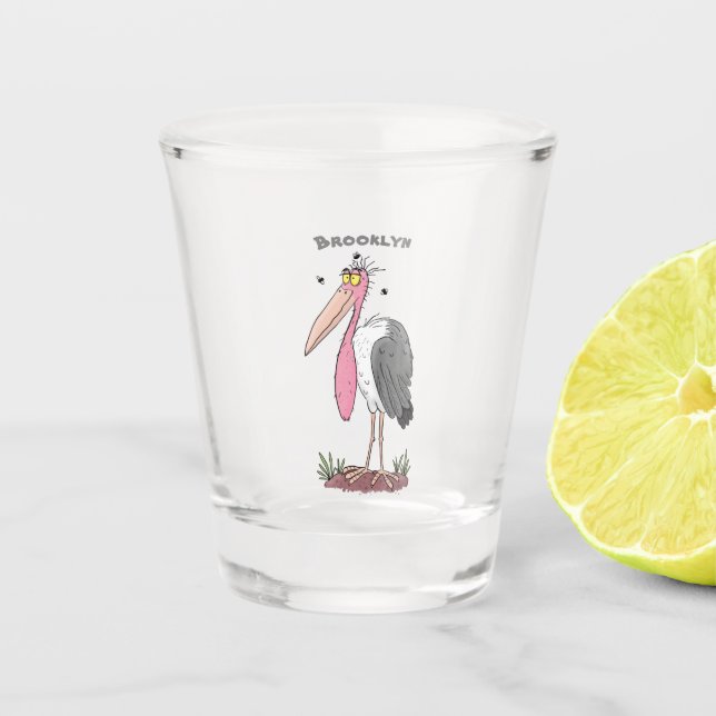 Funny marabou stork cartoon shot glass (Front)