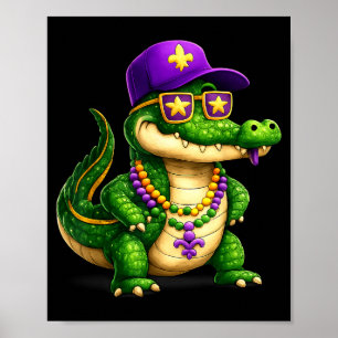 Funny Mardi Gras Alligator Beads Carnival Celebrat Poster