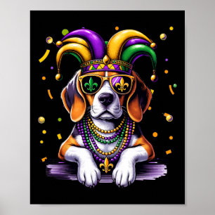 Funny Mardi Gras Bead Beagle Dog Festival Carnival Poster