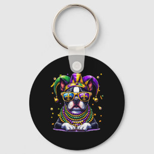 Funny Mardi Gras Bead Boston Terrier Dog Festival Key Ring