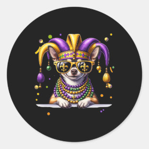 Funny Mardi Gras Bead Chihuahua Dog Festival Carni Classic Round Sticker