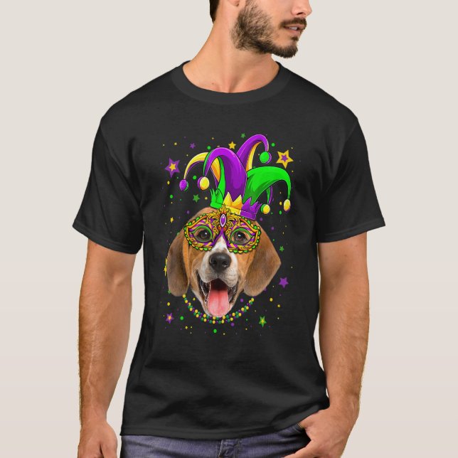 Funny Mardi Gras Beagle Dog Beads Mask Mardi Gras T-Shirt (Front)