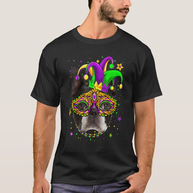 Funny Mardi Gras Boston Terrier Dog Beads Mask Mar T-Shirt (Front)