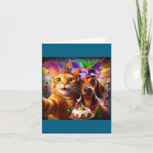 Funny Mardi Gras Cat Dachshund Selfie Squad Card
