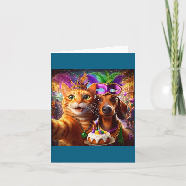 Funny Mardi Gras Cat Dachshund Selfie Squad  Card (Front)