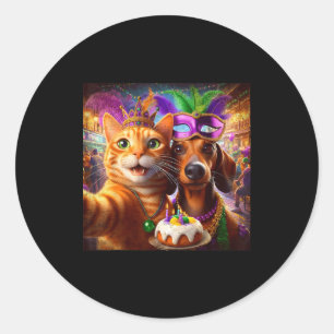 Funny Mardi Gras Cat Dachshund Selfie Squad  Classic Round Sticker