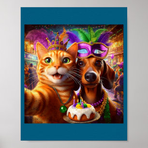 Funny Mardi Gras Cat Dachshund Selfie Squad  Poster