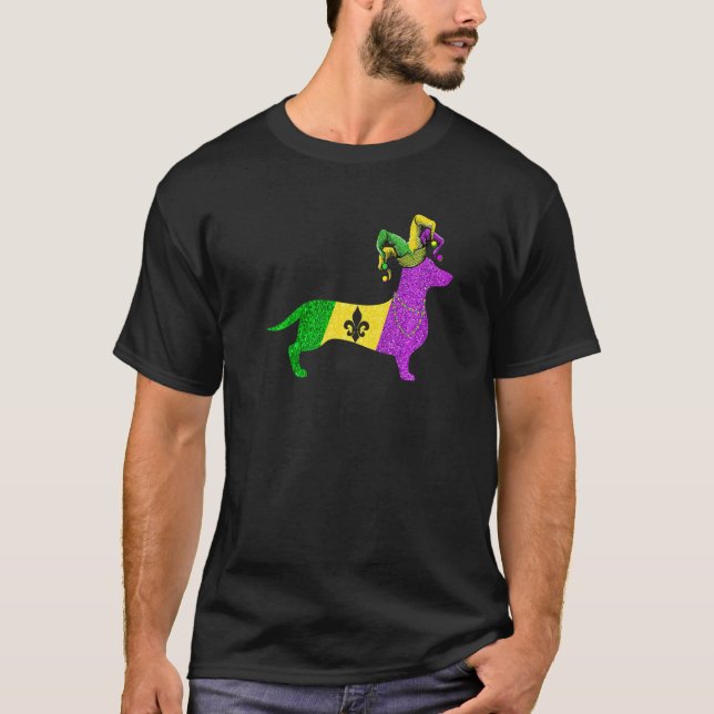 Funny Mardi Gras Dachshund Dog Mardi Gras Hat Bead T-Shirt (Front)