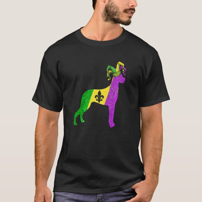 Funny Mardi Gras Dane Dog Mardi Gras Hat Beads Pre T-Shirt (Front)