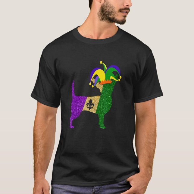 Funny Mardi Gras Dog Chihuahua Jester Hat Beads Do T-Shirt (Front)
