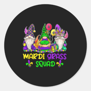 Funny mardi gras gnomes carnival parade party classic round sticker