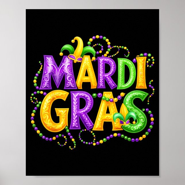 Funny Mardi Gras Parade Jester Hat Beads Men Women Poster (Front)