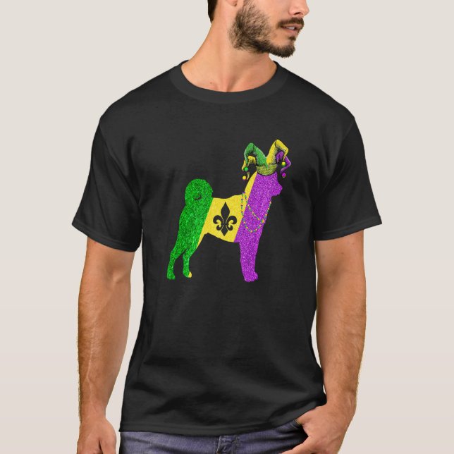 Funny Mardi Gras Shiba Inu Dog Mardi Gras Hat Bead T-Shirt (Front)