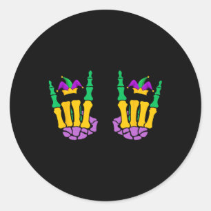 Funny Mardi Gras Skeleton Hands Rock On Devil Horn Classic Round Sticker