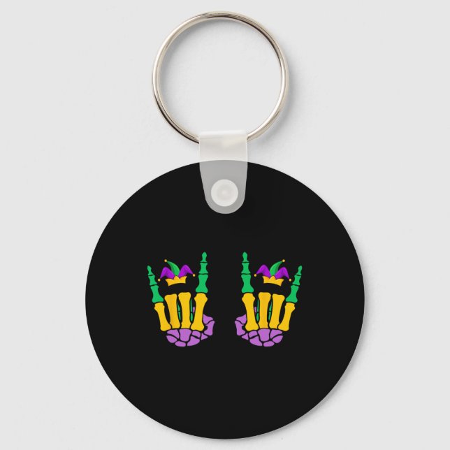 Funny Mardi Gras Skeleton Hands Rock On Devil Horn Key Ring (Front)