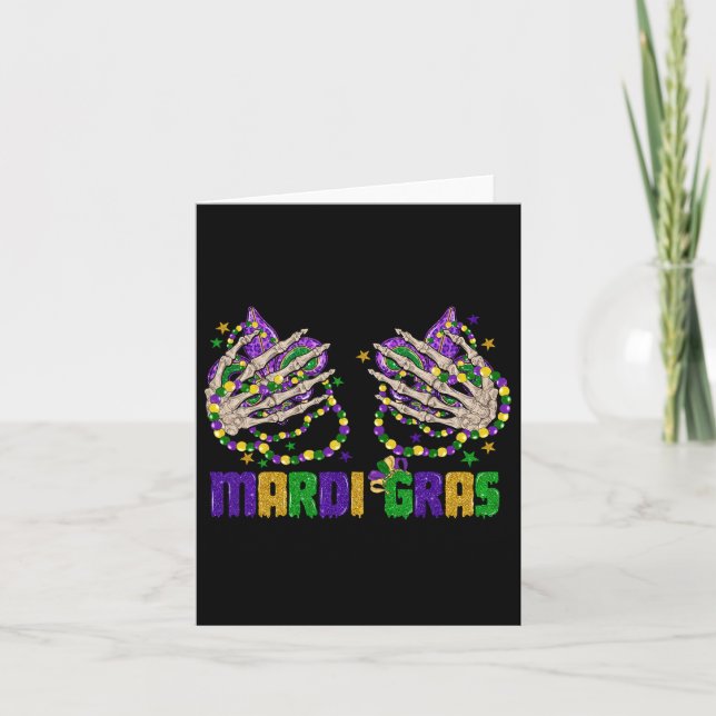 Funny Mardi Gras Skeleton Hands With Beads And Fle Card (Front)