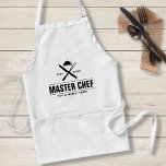 Funny Master Chef Personalised Culinary Catering Standard Apron<br><div class="desc">The master chef, budding chef or caterer will appreciate this modern design featuring a criss crossed kitchen fork and knife with a chef's serving platter above. Add your chef's name and year established or delete. Perfect for your favourite foodie, gift for father's day, mother's day, restaurant owner or for a...</div>