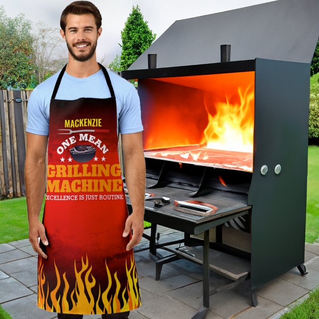 Funny Mean Grilling Machine with Name and Flame Apron (Creator Uploaded)
