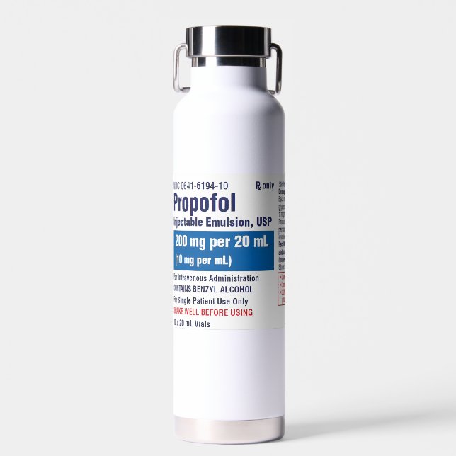 Funny Medical Propofol Label Water Bottle (Front)