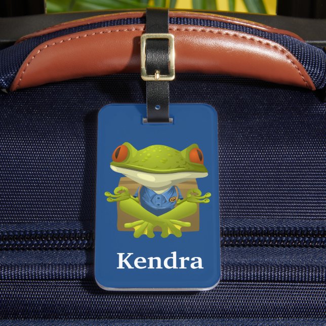 Funny Meditating Frog Cartoon Personalised Luggage Tag (Front Insitu 2)
