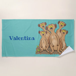 Funny meerkat family cartoon illustration beach towel