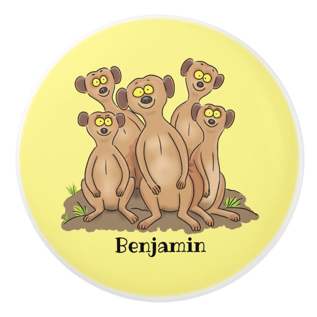 Funny meerkat family cartoon illustration ceramic knob (Front)