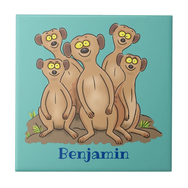 Funny meerkat family cartoon illustration ceramic tile (Front)