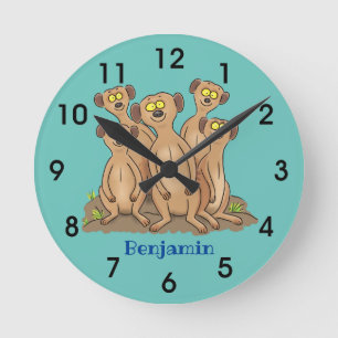 Funny meerkat family cartoon illustration round clock