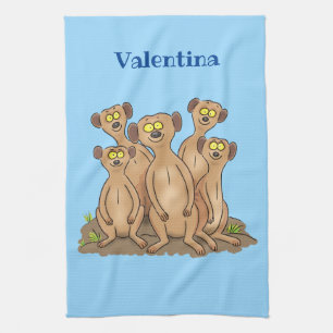 Funny meerkat family cartoon illustration tea towel