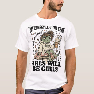 Funny Meh Frog with Coffee & Messy Bun Mushroom Il T-Shirt