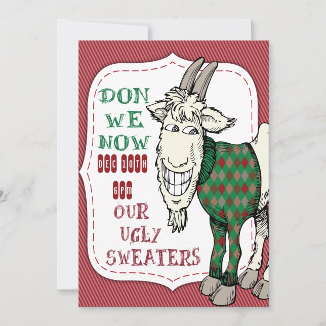 FUNNY MEH Goat in his UGLY Sweater Christmas Party Invitation (Front)